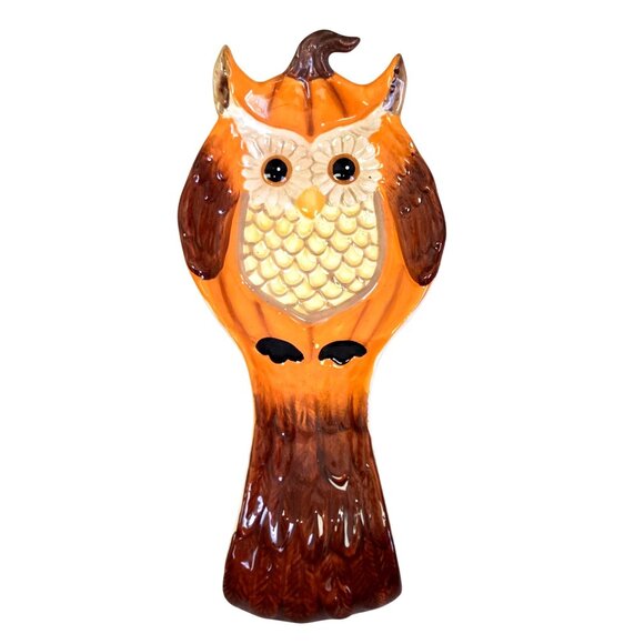 Owl Spoon Rest Halloween Thanksgiving Fall Harvest Ceramic Cracker Barrel - Picture 1 of 5